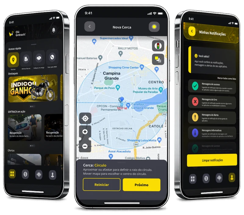 App GMTRACK · 3 telas mockup do monitoramento