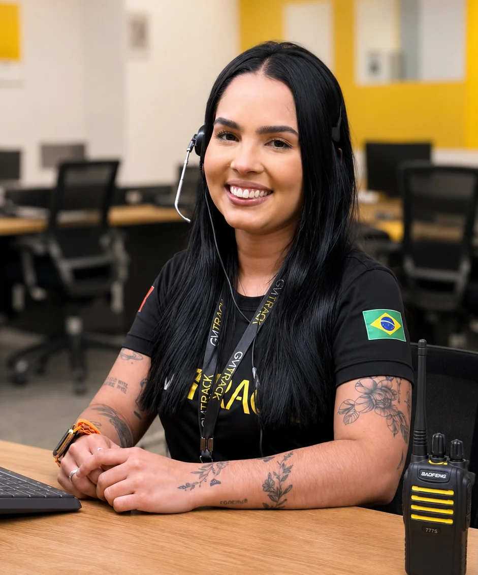 Central de Monitoramento 24h GMTRACK · 6 atendentes em operação ao vivo com mapa do tracking